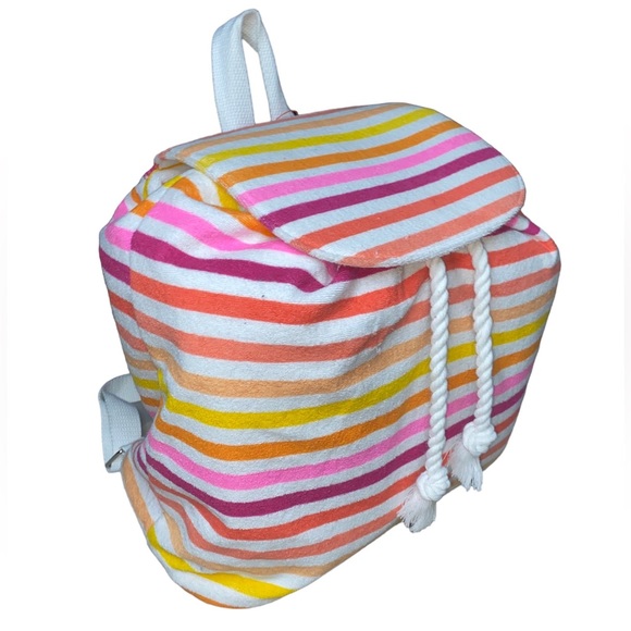 Boho Sunset Rainbow Striped Terrycloth Bucket Style Bag Backpack Rope Drawstring - Picture 4 of 13